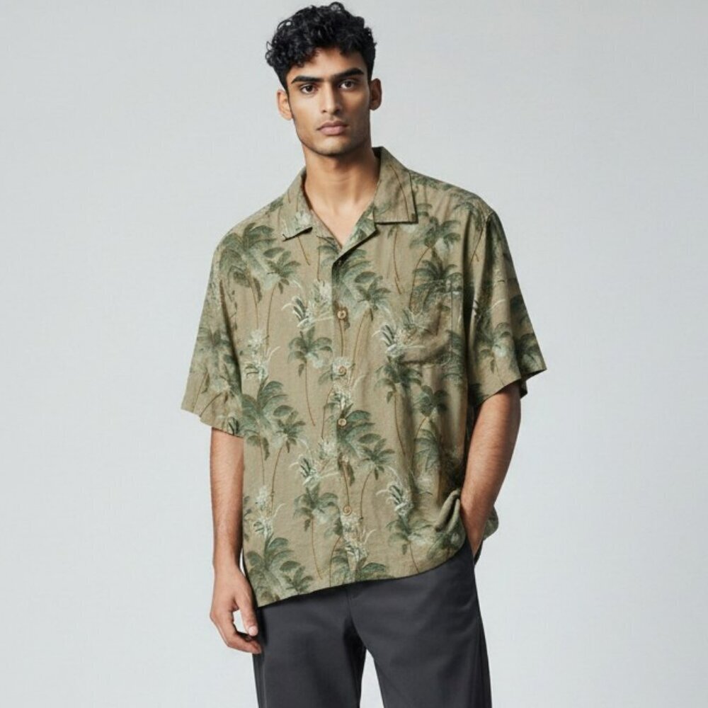 Caribbean Joe Mens Large Green Washable Silk Short Sleeve Tropical Shirt